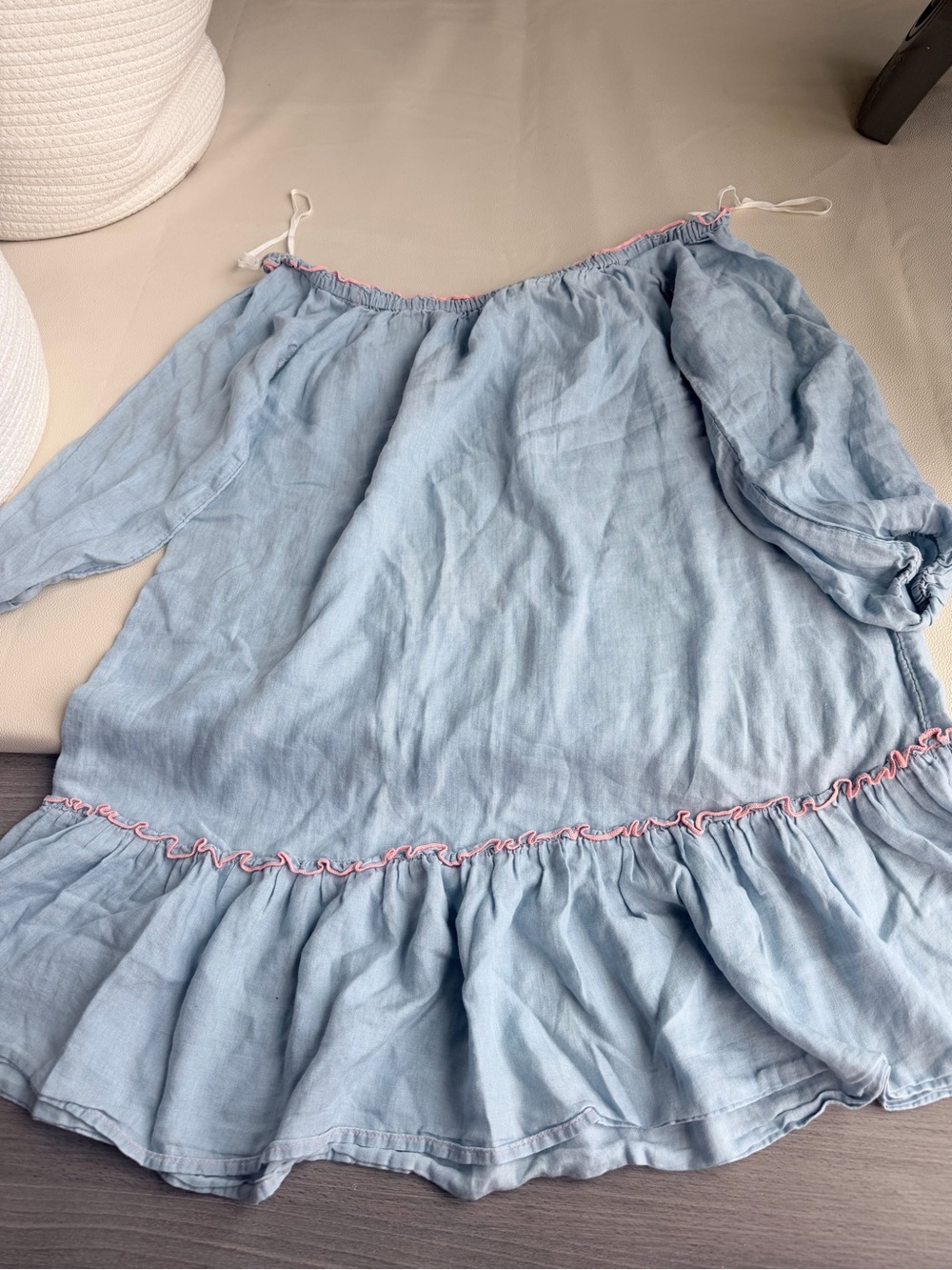 Light Blue Off-Shoulder Midi Dress with Pink Trim